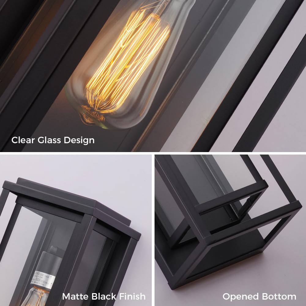 Cerdeco 18” Modern Outdoor Wall Sconce with Rectangular Metal Frame and Transparent Glass Shade,Black Outdoor Lighting for Garage Porch Patio Pack