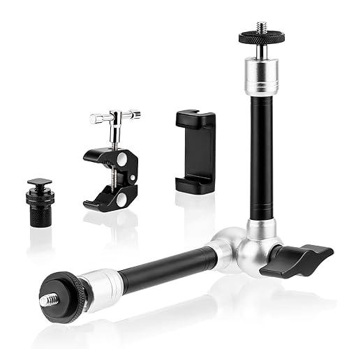 BRDRC Magic Arm Clamp Mount, 9.8" Articulating Extension Arm with 1/4" and 3/8" Thread, with Cold Hot Shoe Adapter, Phone Holder for Tripod DSLR