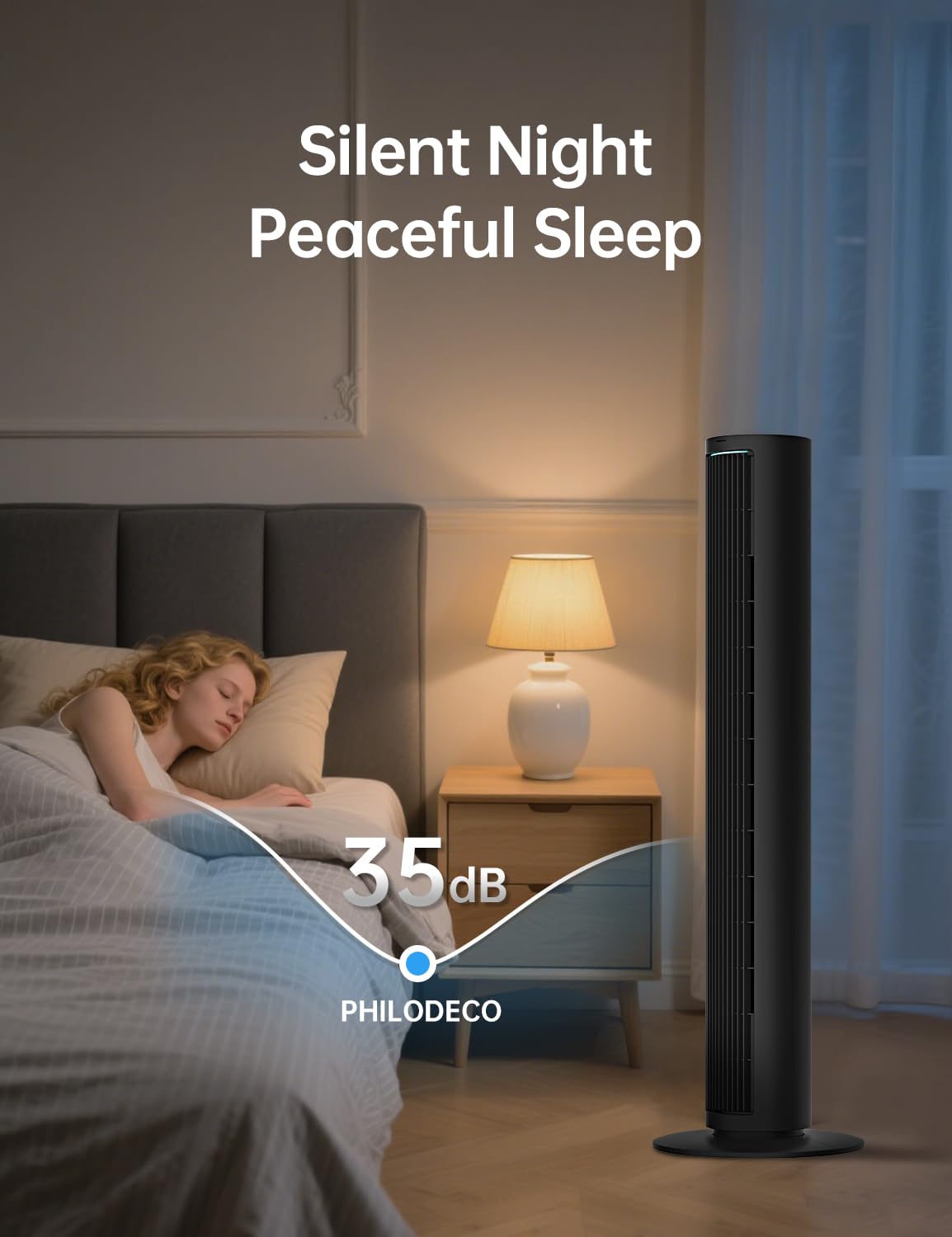 PHILODECO Tower Fan For Bedroom, 40 Inch Bladeless Fan, 80 ° Oscillating Fan, Silent Floor Fan With Remote Control Led, 4-Speed Multiple Modes, 7h