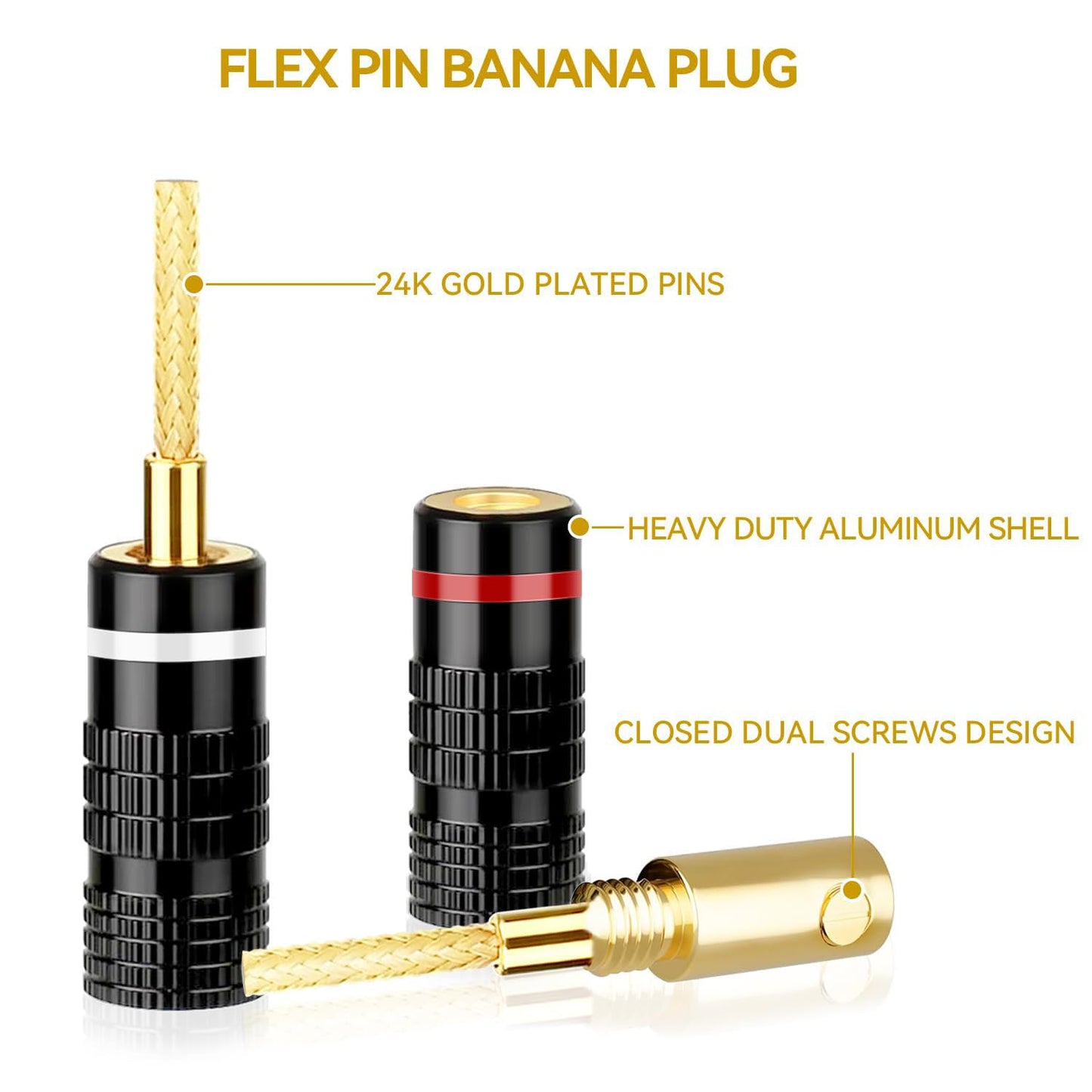 KUYIOHIFI HiFi Flex Pin Banana Plugs, 2mm pin Banana connectors/Plugs, for Spring-Loaded Inputs/Speaker Terminals (2 Pairs)
