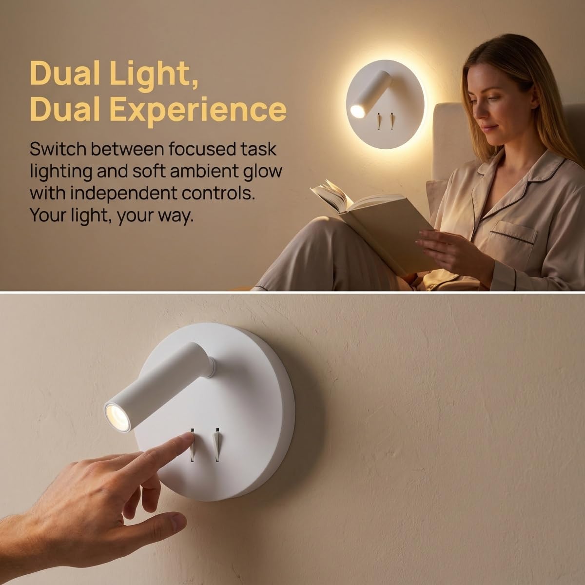 DEC LUCE DECOLUCE LIGHTING Modern Minimalist LED Wall Sconce,Hardwired 2-Light Reading Backlight,Dual Light Control (3W/240lm+6W/480lm), Swing Arm