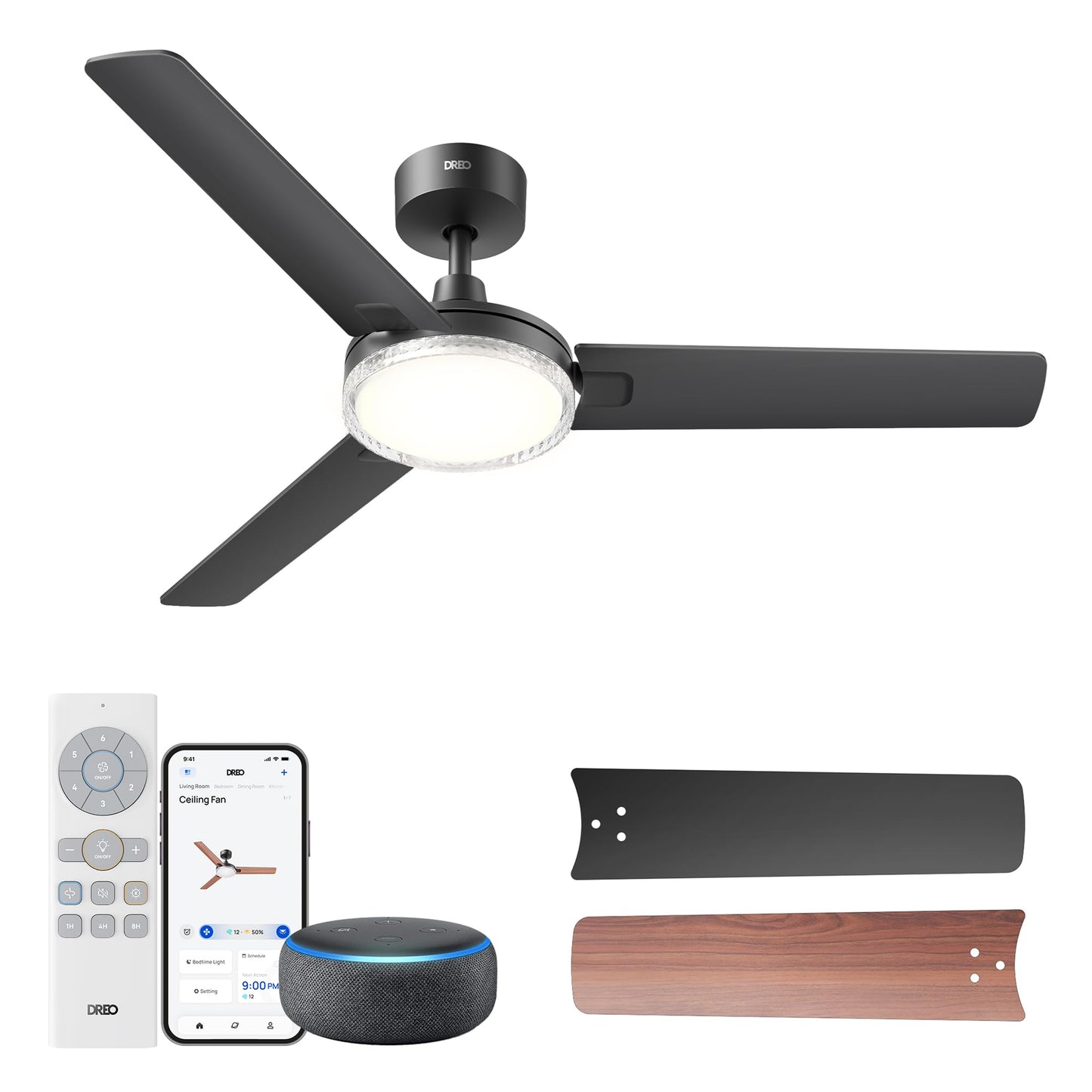 DREO 52 Inch Smart Black Ceiling Fans with Lights, 12 Speeds & 3 Fan Modes, Stepless Color Tones, Dimmable LED Light, 1-12H Timer, Quiet DC Motor