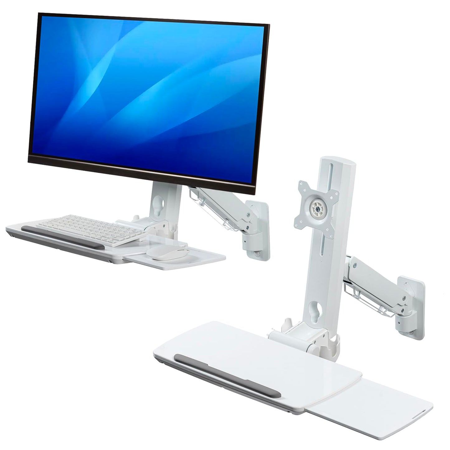 MyGift Wall Mounted White Metal Medical Grade Monitor Screen Workstation with Height Adjustable Arm, Keyboard & Extension Tray & Mouse Holder