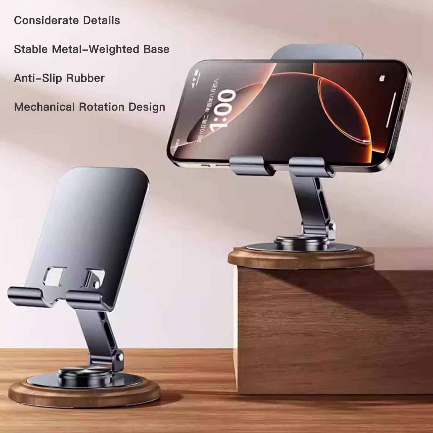 VCDHEUI Adjustable Cell Phone Stand,360 Rotating Foldable Desktop Cellphone Stand with Anti-Slip Base Portable Phone Holder for iPhone 16 15 14 13 Pro