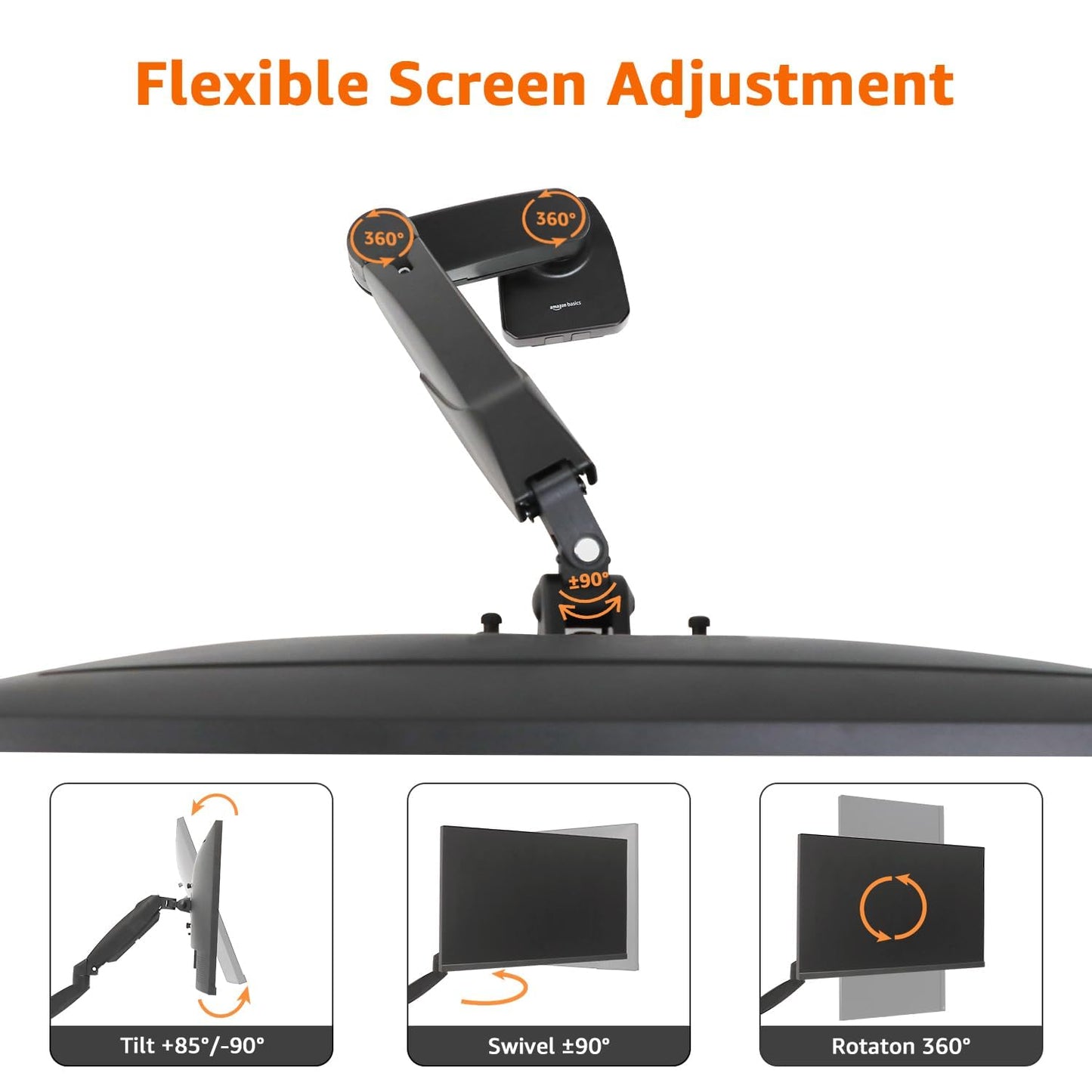 Amazon Basics Gas Spring Single Computer Monitor Arm Desk Mount, Adjustable, Holds up to 27" Monitors, Black