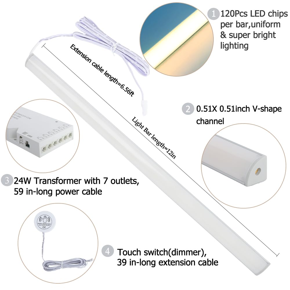 12" V-Shape Diffused LED Light Bars Kit,Aluminum Channel Lights with Touch Sensor for Under Cabinet,Gun Safe,Closet,Under Counter,Book Shelf,Display