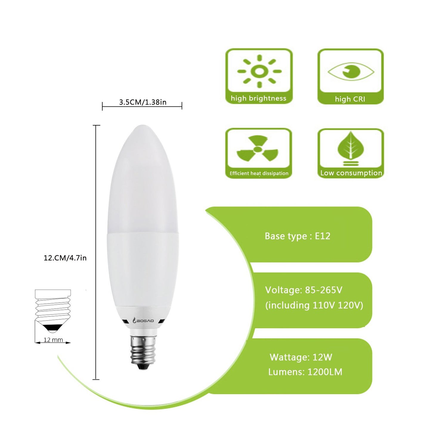BOGAO LED Candelabra Bulb, 12W 6000K LED Candle Bulbs, 85-100W Equivalent, E12 Base, 1200 Lumens, Torpedo Shape (4 Pack 6000K RB)