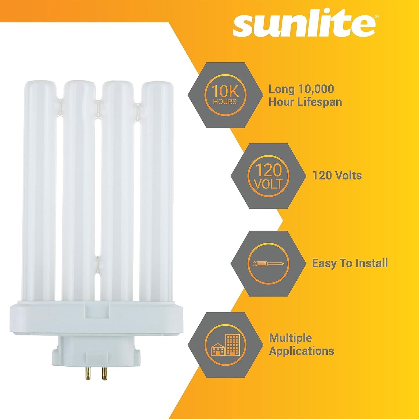 Sunlite FML27/30K Quad Tube Plug-in Compact Fluorescent Light Bulb, FML 4-Pin, 27 Watts, 1500 Lumens, 3000K Warm White, 4-Pin (GX10q4) Base, 120