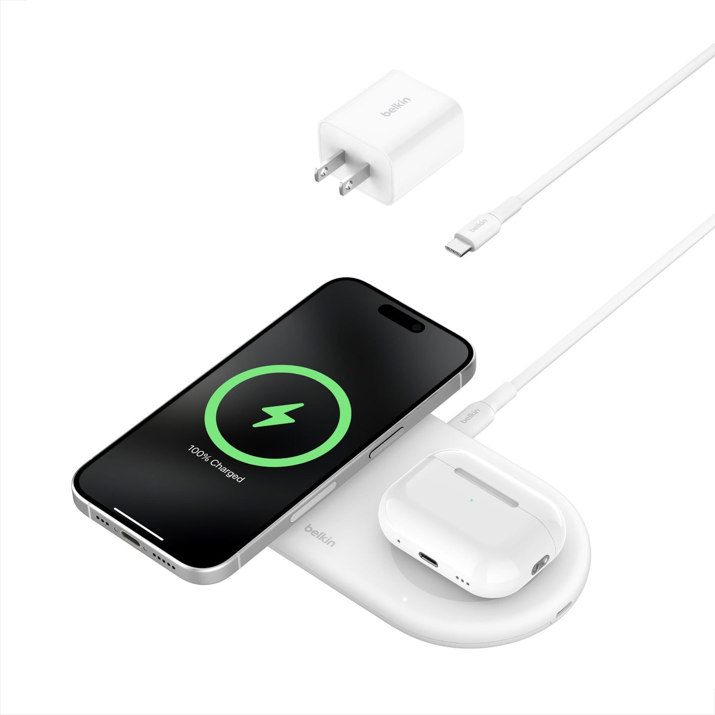 Belkin 2-in-1 Wireless Charging Pad w/ Qi2 15W + Additional USB-C Port - MagSafe-Compatible Charger, Charging Station for iPhone 16 & 15 Series