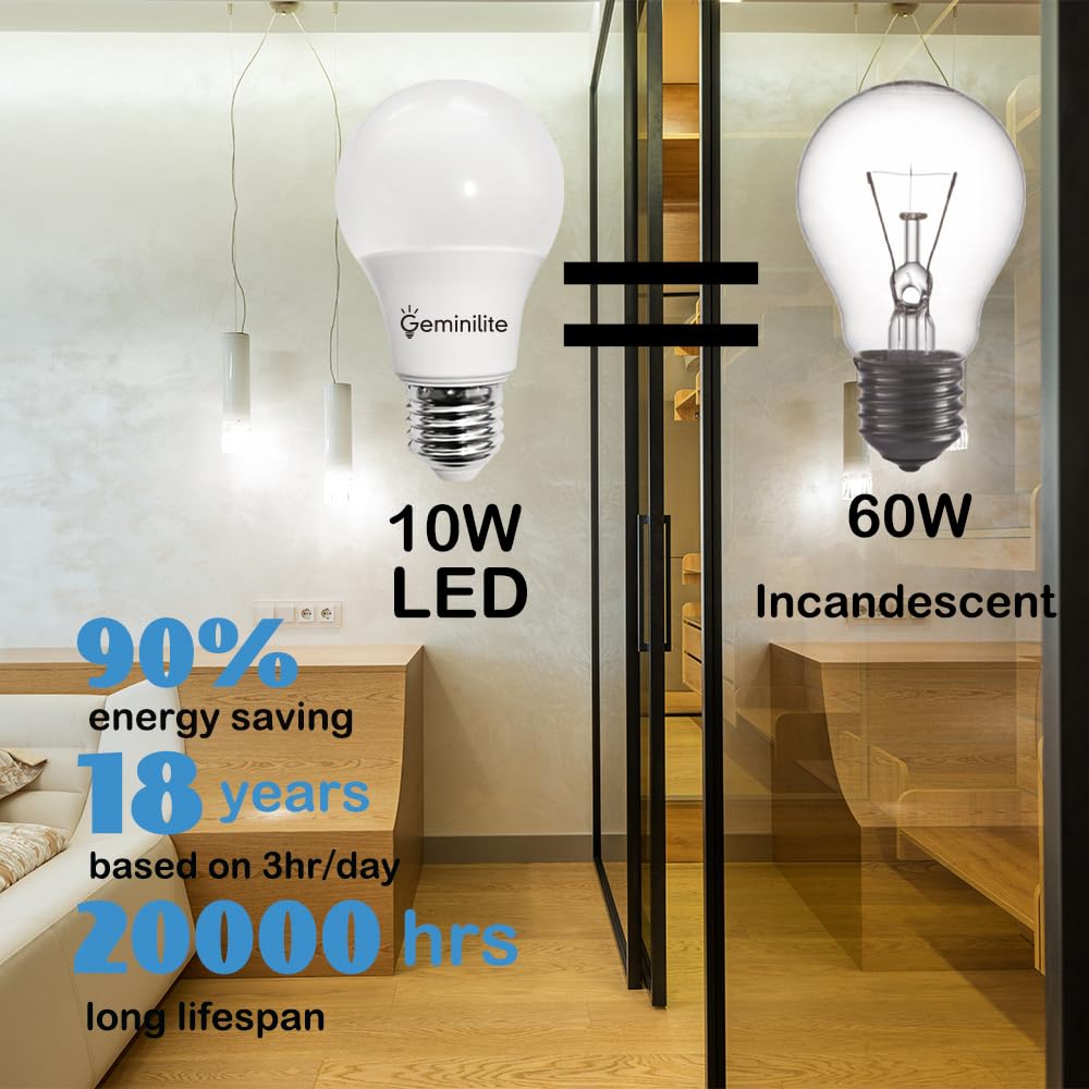 Geminilite A19 LED Light Bulbs 6500K Daylight White 6 Pack