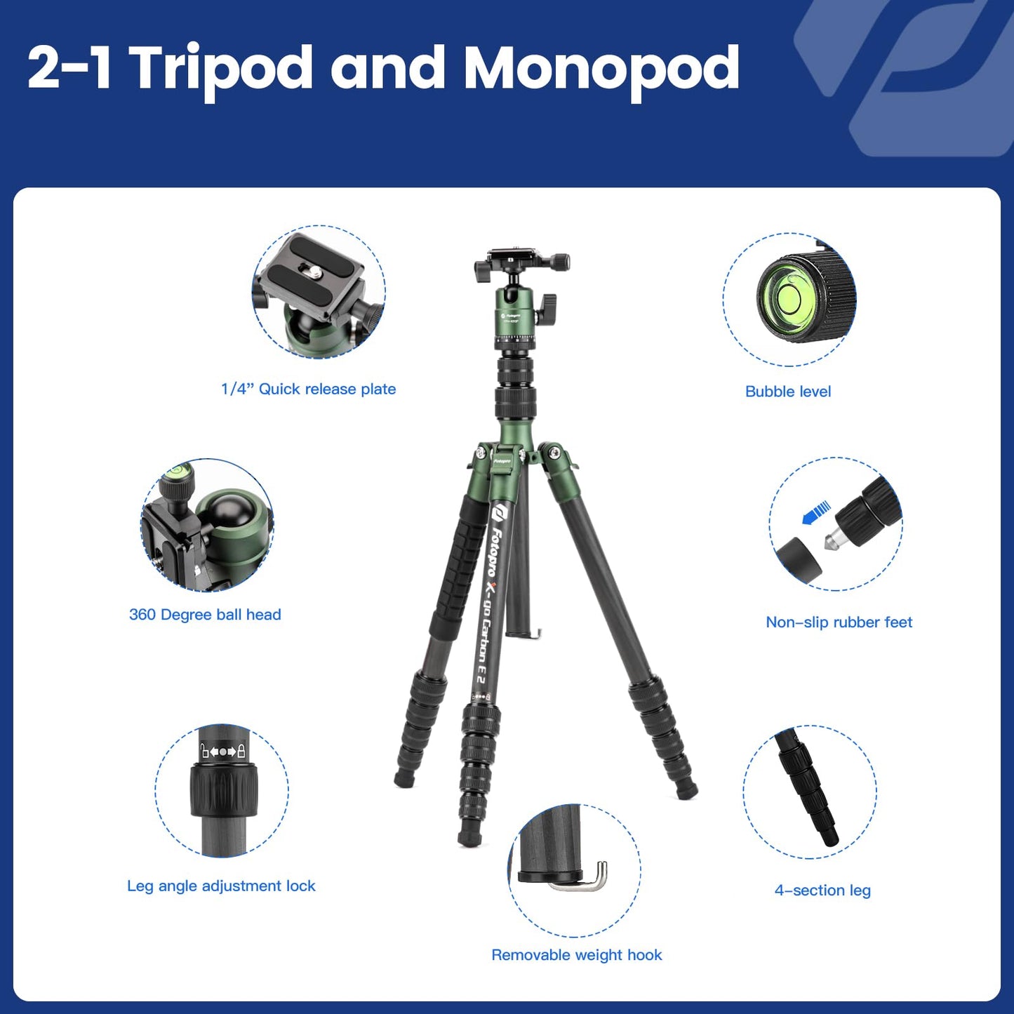 Fotopro 62" Carbon Fiber Travel Tripod, Lightweight Compact Camera Tripod with Metal Ball Head, Detachable Monopod with Arca-swiss Quick Release Plate