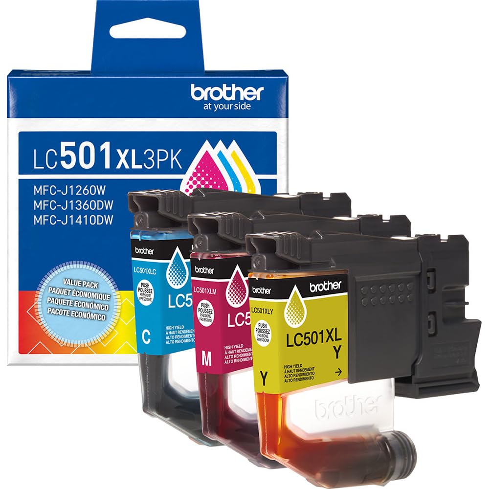 Brother Genuine LC501XL 3-Pack Color High Yield Ink Cartridges (Cyan, Magenta, Yellow) Bundle with Deco Essentials Printer eBook for MFC-J1260DW