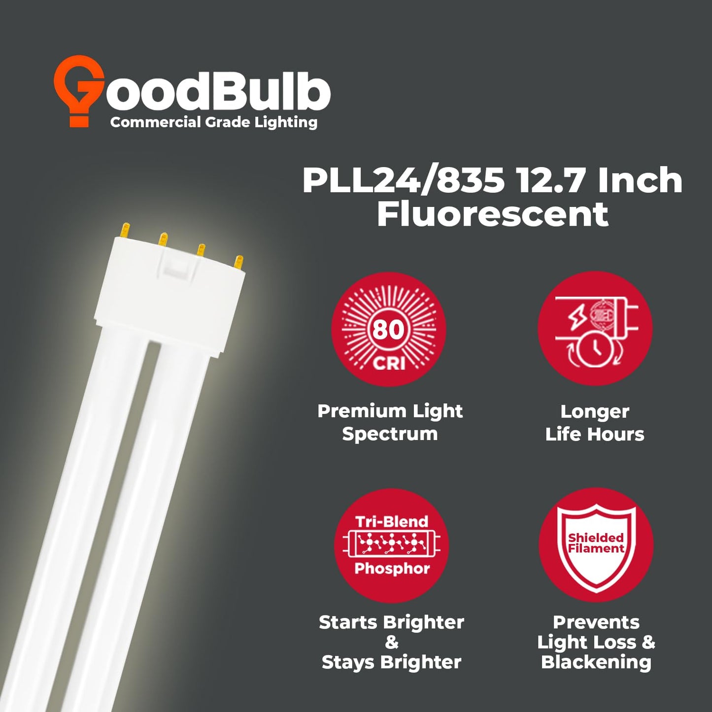 GoodBulb PLL24/835 | 24W 12.7" Twin Tube Compact Fluorescent Light Bulb | 4-pin 2G11 Base 3500K Neutral White 1500 Lumen | 36000 Hour Long Life Biax |