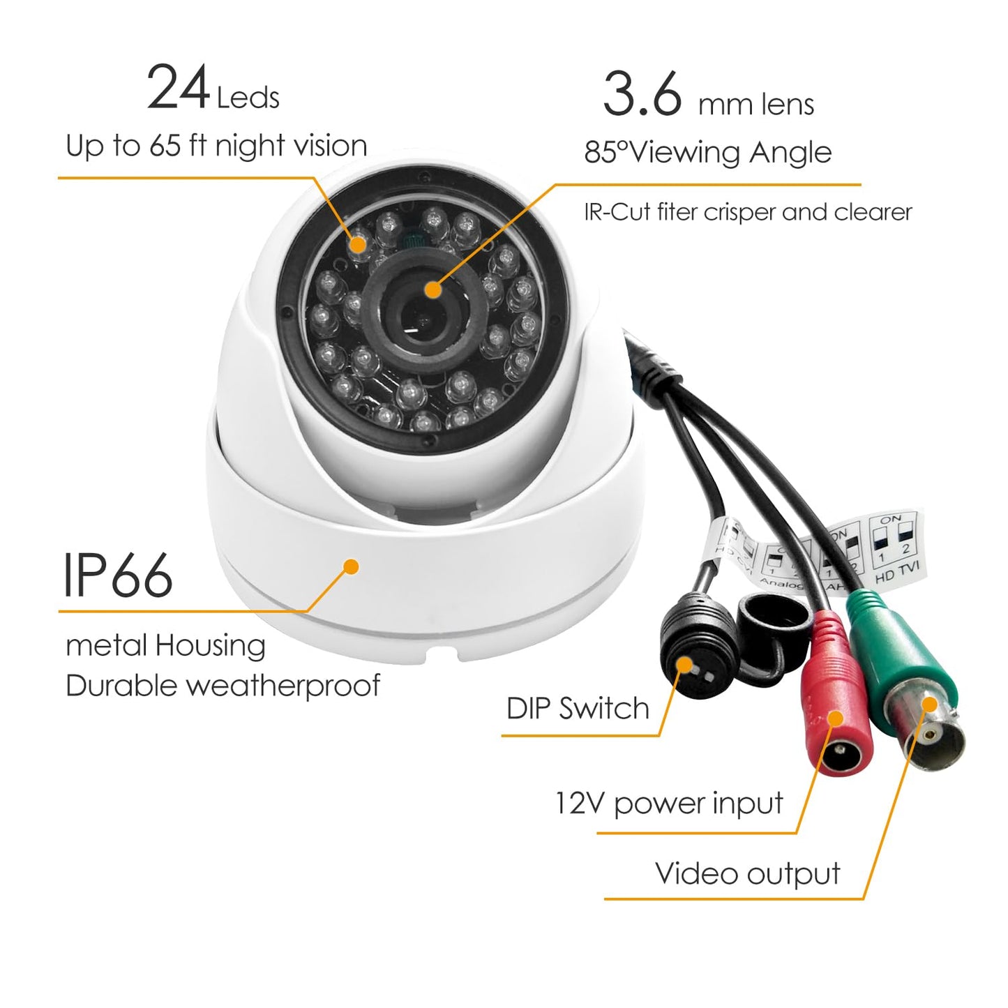 Analog CCTV Camera HD 1080P 4-in-1 (TVI/AHD/CVI/960H Analog) Security Dome Camera Outdoor Metal Housing, 24 IR-LEDs True Day & Night Monitoring 3.6mm