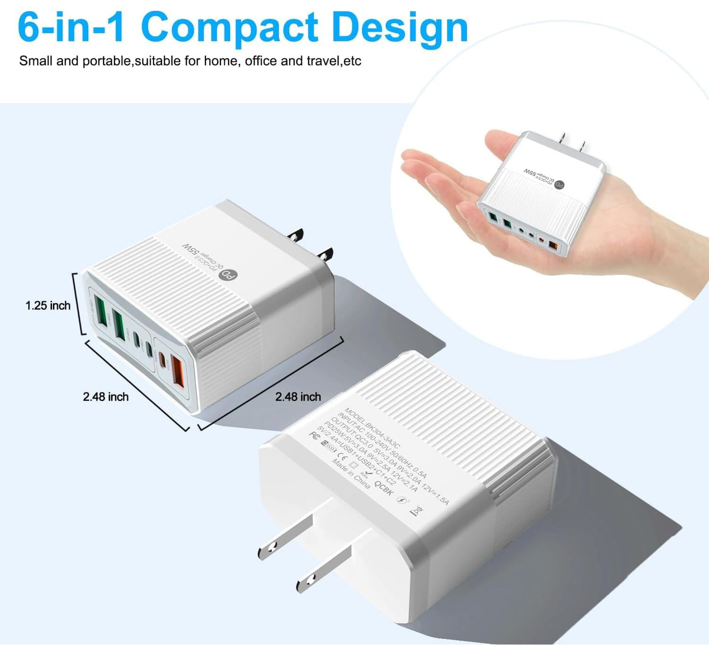 USB C Fast Charger 55W 6-Port Type C Wall Charger Block 55W USB-C Charging Station Power Adapter PD 25W QC3.0 Portable Type C Charging Block Cube