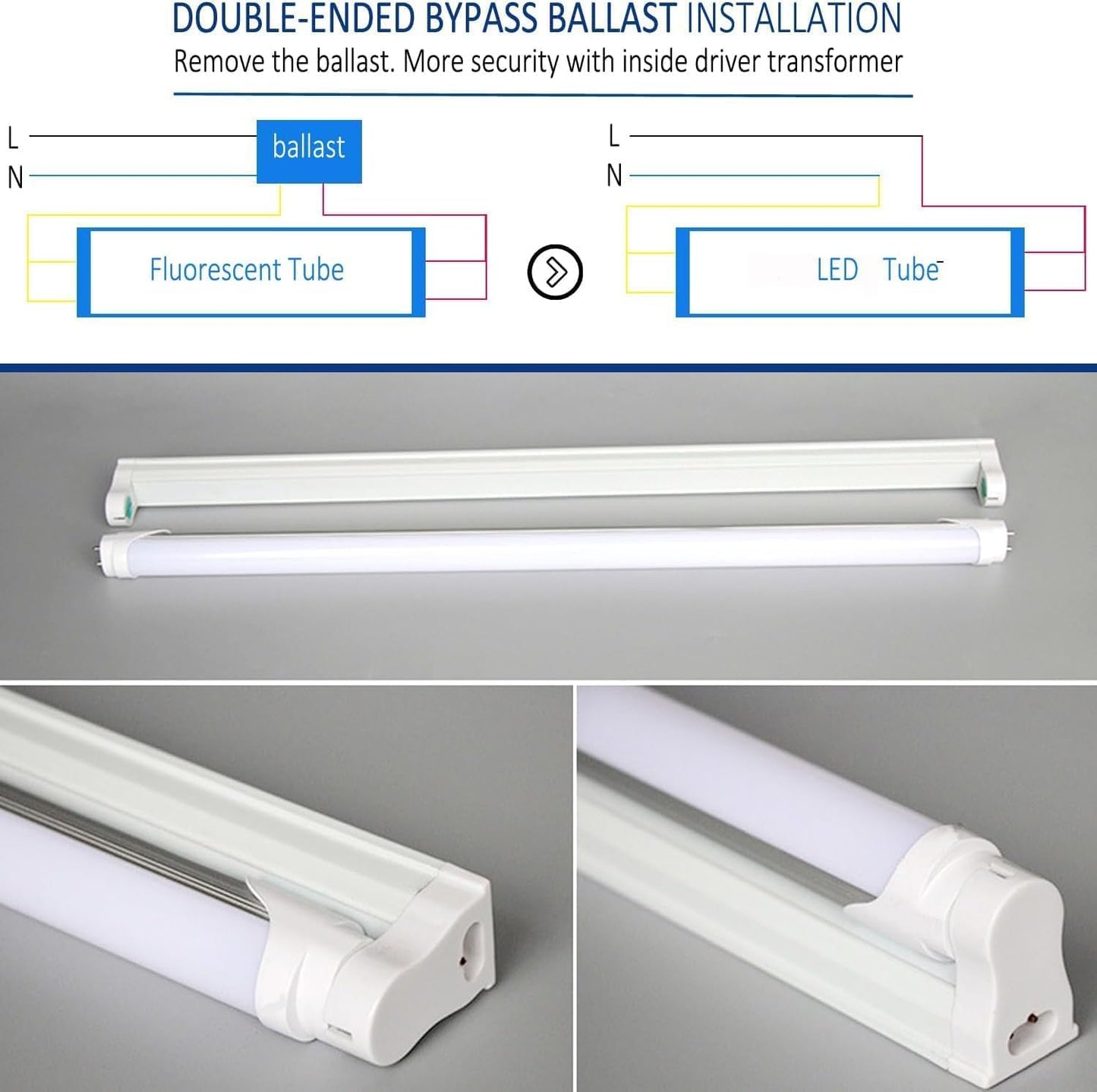 KOUZEMS T8 LED Light Bulbs Fluorescent Replacement Ballast Bypass 48inch 4000K Daylight White Double-end Powered Frosted Lamps 25 Pack