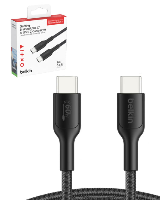 Belkin Gaming USB C to USB C Cable 60W (6.6ft), Braided Type C Charger Fast Charging for Nintendo Switch 2, iPhone 16, iPhone 15, iPad, MacBook Air
