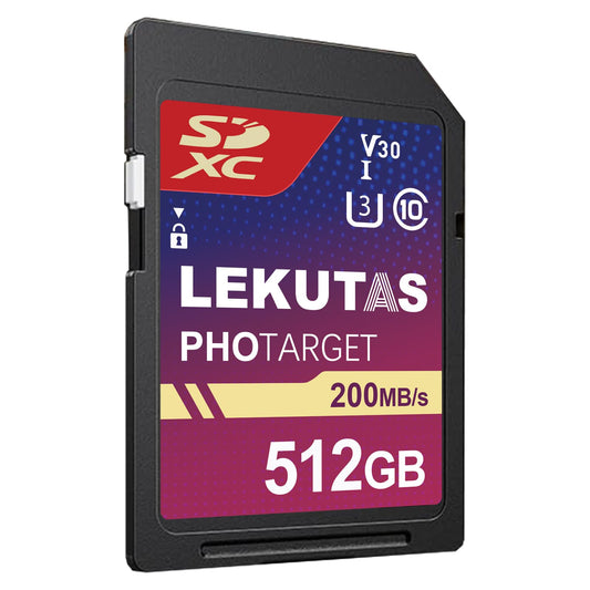 LEKUTAS 512GB SDXC UHS-I Memory Card - Up to 200MB/s Read Speed, C10, U3, V30, 4K UHD, Full-HD 4K Video SD Card for Canon Nikon Sony Panasonic DSLR