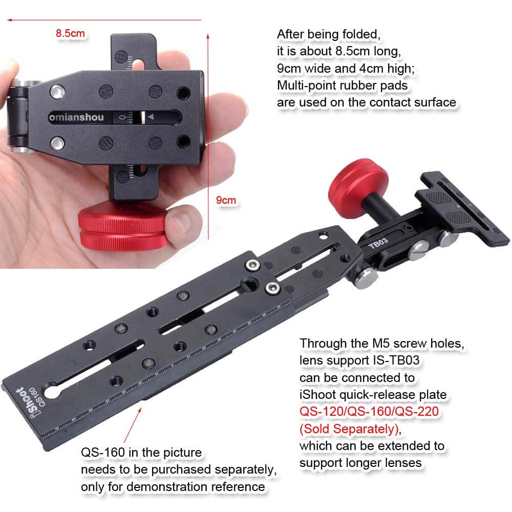 iShoot Foldable Long Focus Lens Support, Portable Telephoto Lens Bracket, Zoom Lens Stand, 2-in1 Camera Quick Release Plate Compatible with Manfrotto