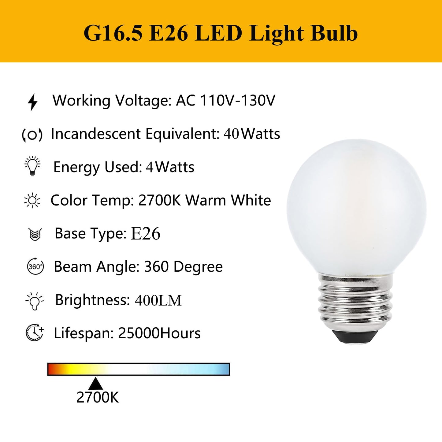 Sunaiony Frosted Globe Light Bulbs 40 Watt Equivalent, E26 LED Bulb 4W Dimmable Warm White 2700K, G16.5 Edison Light for Vanity, Pendant - 6 Pack