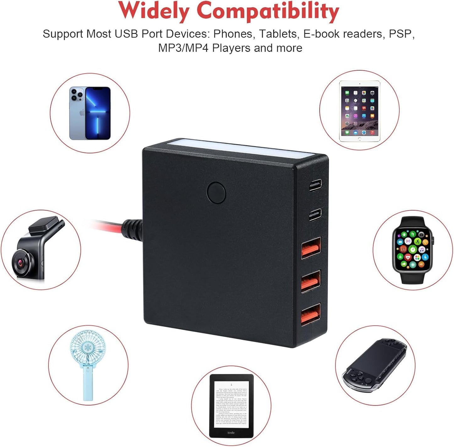 DC 12V 24V to USB USB-C Multi Port Car Charger Adapter - 60W 5V 12A Buck Converter with LED Emergency Light for Vehicle Truck Phone