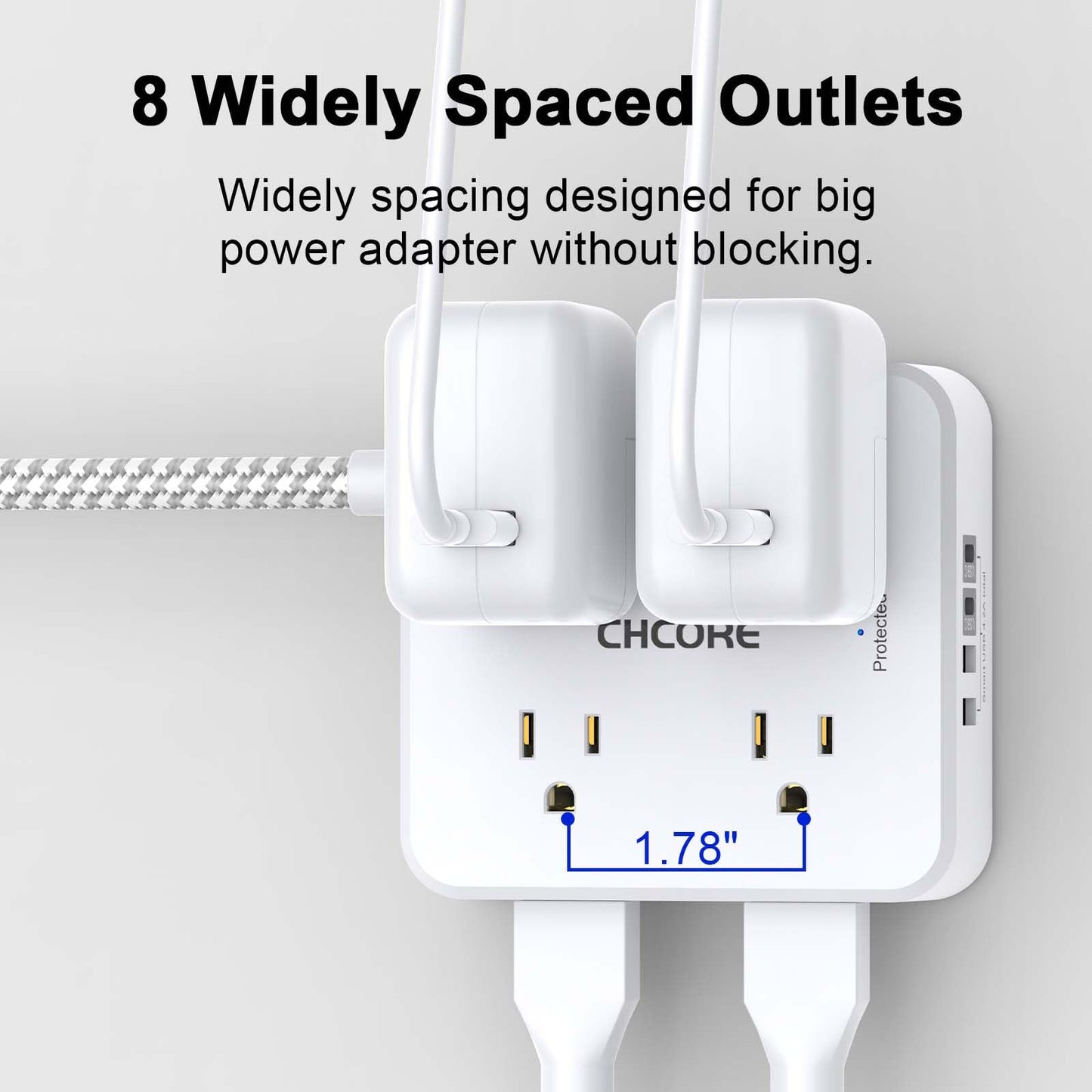 Surge Protector Power Strip - CHCORE 5Ft Braided Extension Cord with 8 Outlets with 4 USB (2 USB C) Charging Ports, Flat Plug Multi Plug Outlet