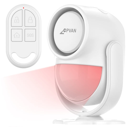CPVAN 125dB Loud Motion Sensor Alarm with 328ft Remote Control (40ft PIR Detector, Batteries), Indoor Wireless Infrared Security Motion Detector