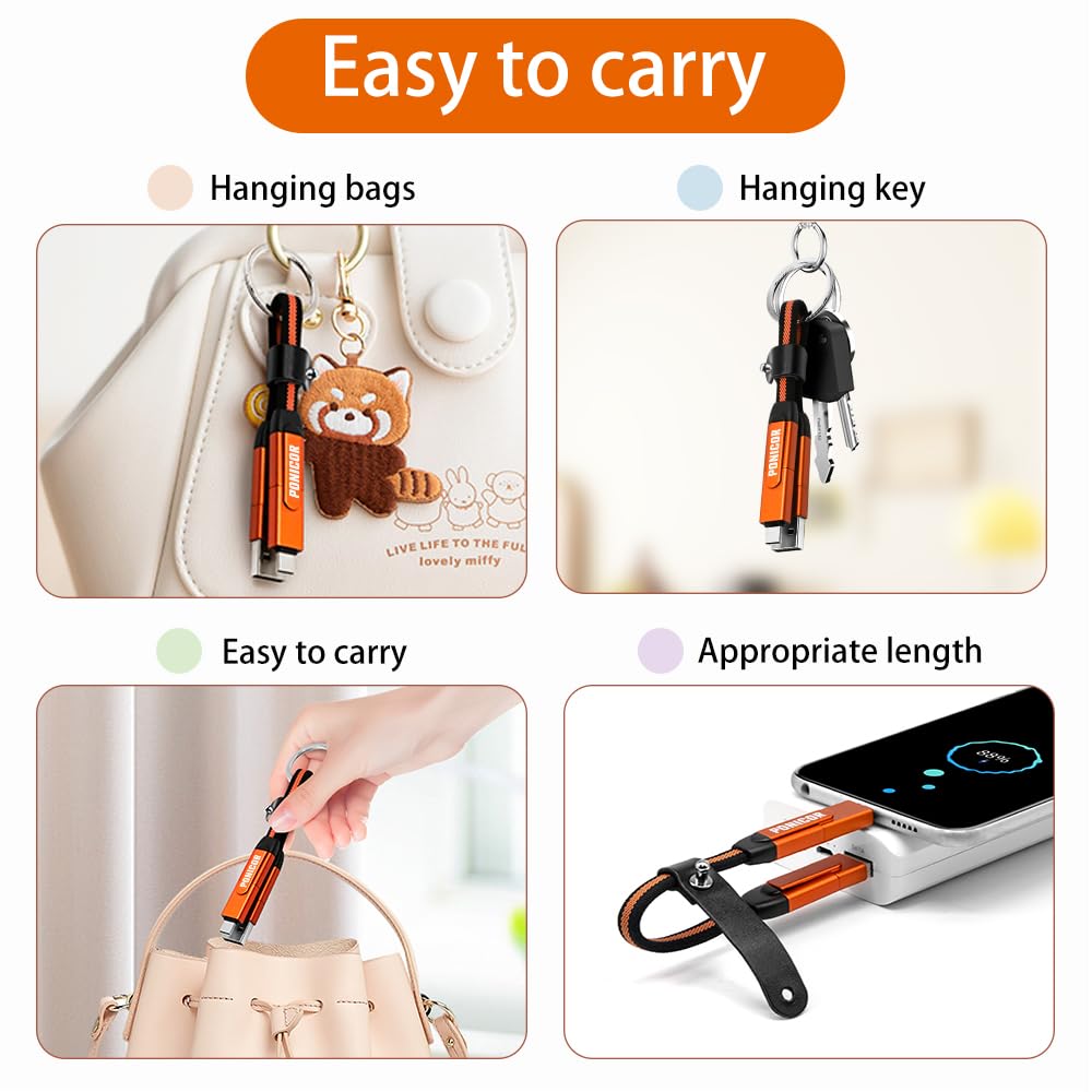 PONICOR 6 in 1 Short Keychain Multi Charging Cable 3A Fast Charger Cord, Nylon Braided USB C Cable for Travel, Universal Charging Cable for Cell