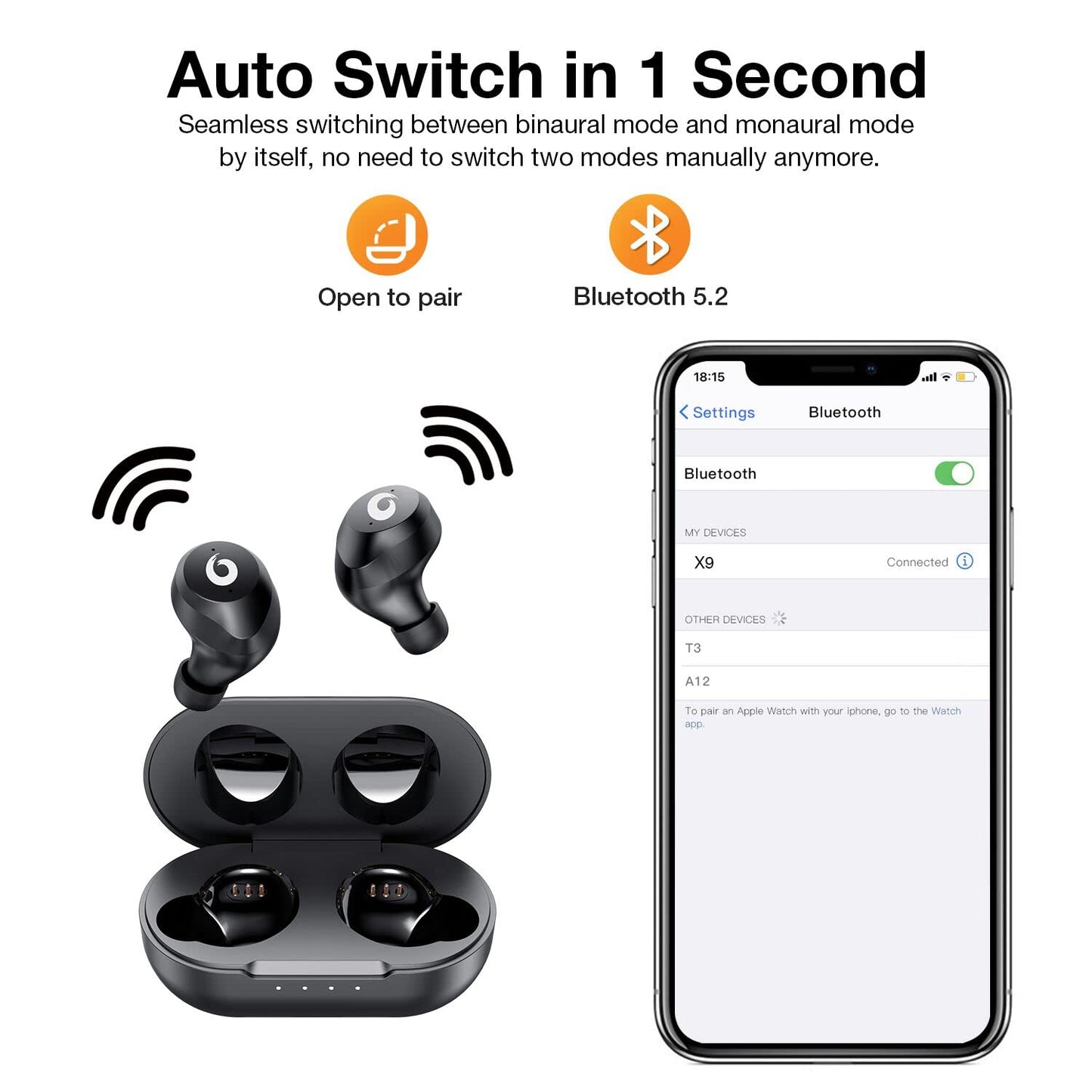 Hikapa X9 Wireless Earbuds Bluetooth 5.3 Headphones Waterproof Stereo Earphones in Ear Touch Control with Microphone Headset with Deep Bass for Sport