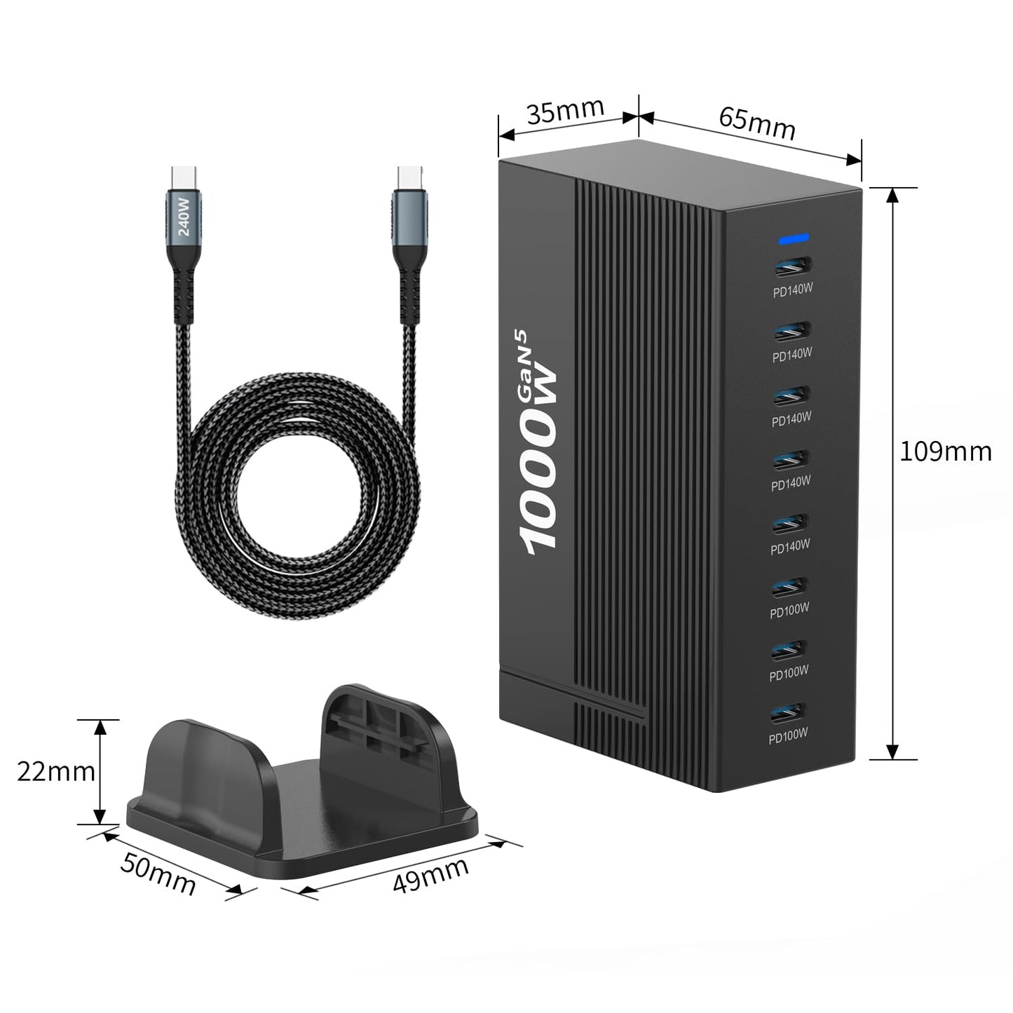 1000W 8-Port GaN5 Desktop Charging Station, High-Power USB Charging Hub with 5X 140W and 3X 100W PD Ports, Fast Charger for Laptops, Tablets,