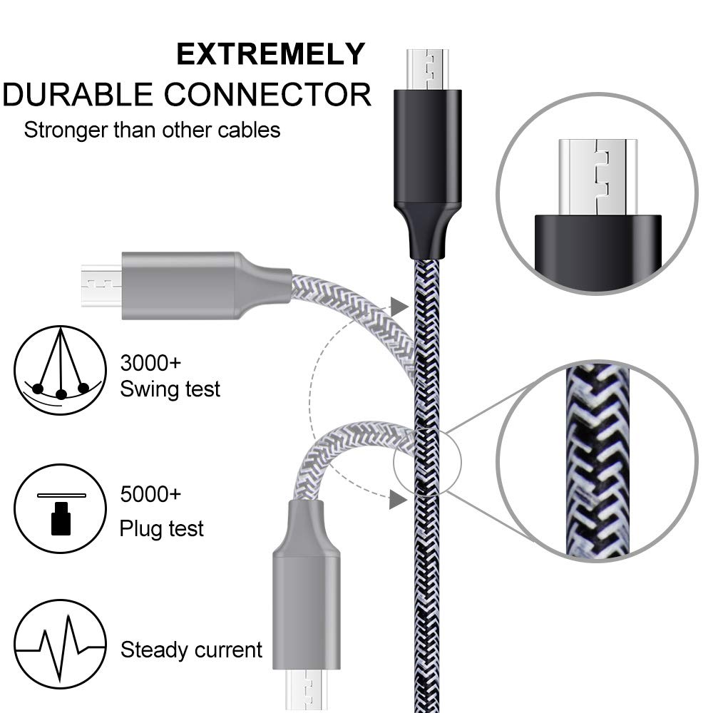 Samsung Galaxy S6 S7 J3 J7 Note 5,LG Stylo 2 3 Plus,Tablet,Kindle Fire 6 ft Micro USB Charger Cord with Fast Charging and Wall Charger Block Plug