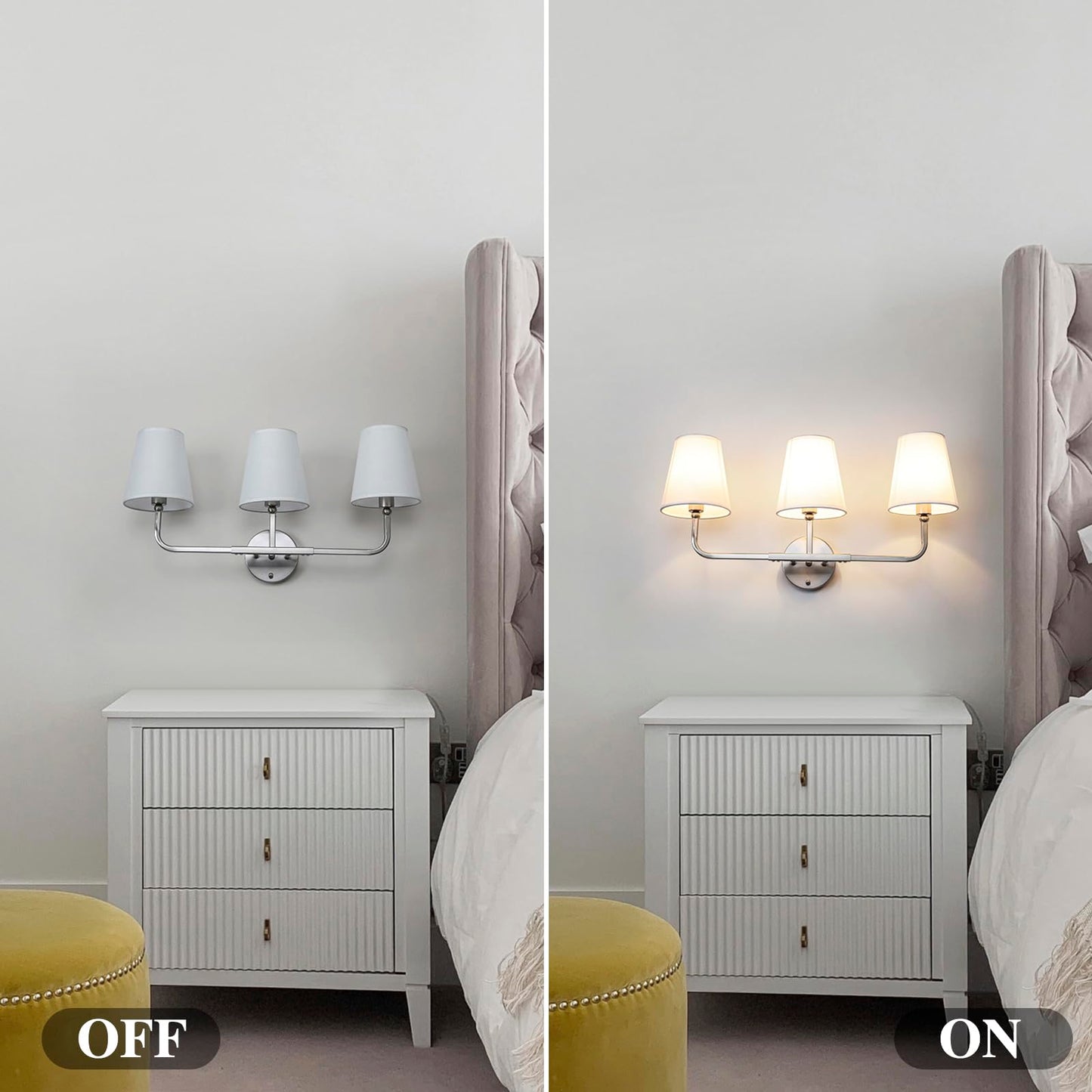 Bathroom Light Fixtures, 3-Light Wall Sconce, Brushed Nickel Vanity Lights Over Mirror with Flared White Fabric Shade, Modern Sconces Wall Lighting