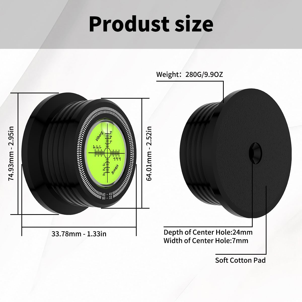 Viborg LP628B Record Weight Stabilizer, Turntable Level and Strobe Scale All-in-one, 280G LP Disc Stabilizer Vinyl Clamp for Phonograph (60Hz, Black)