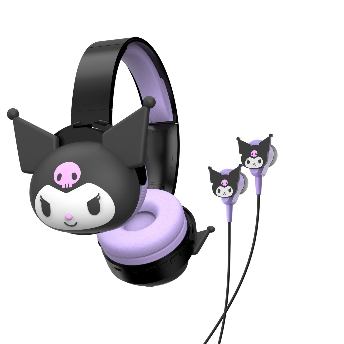 Hello Kitty 2-in-1 Wireless Bluetooth Headphones with Wired Earbuds - Foldable Over-Ear Headset with Built-in Mic, AUX Cable, Adjustable Headband,
