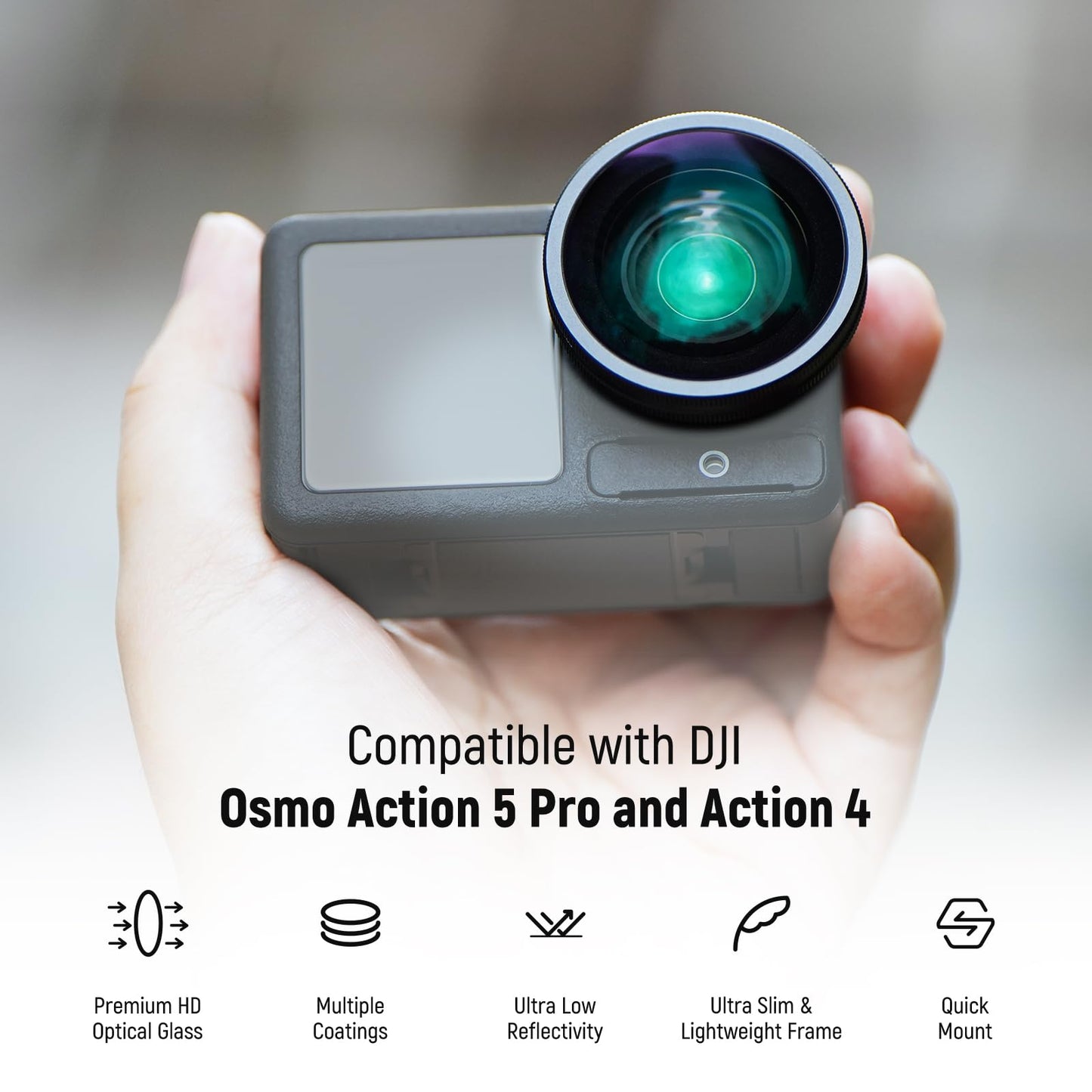 NEEWER Variable ND Filter Lens Kit Compatible with DJI Osmo Action 5 Pro/4, Screw On Multicoated HD Optical Glass ND8-32 (3-5 Stops) + 185° FOV Wide