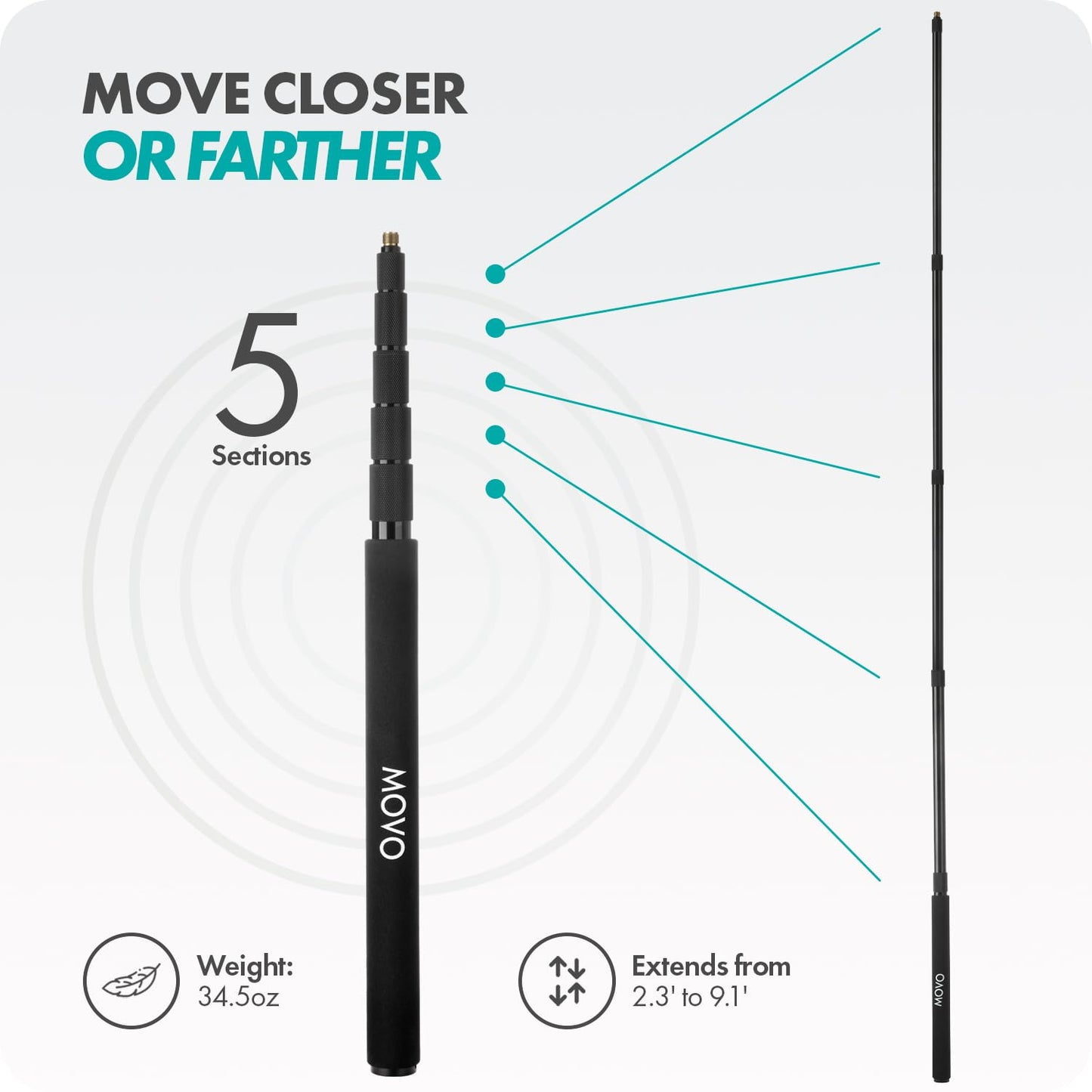 Movo CMP-15 Professional Aluminum Boom Pole for Shotgun Microphones - Compatible with Rode NTG Series, Sennheiser MKE600, Audio-Technica AT875R & More
