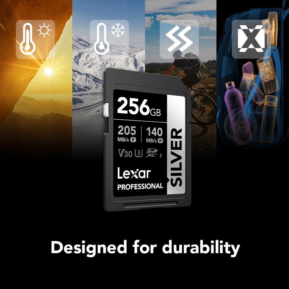 Lexar 256GB Professional Silver SD Card, UHS-I, C10, U3, V30, 4K, Up to 205/140 MB/s SDXC Memory Card, for Photographer, Videographer, Enthusiast