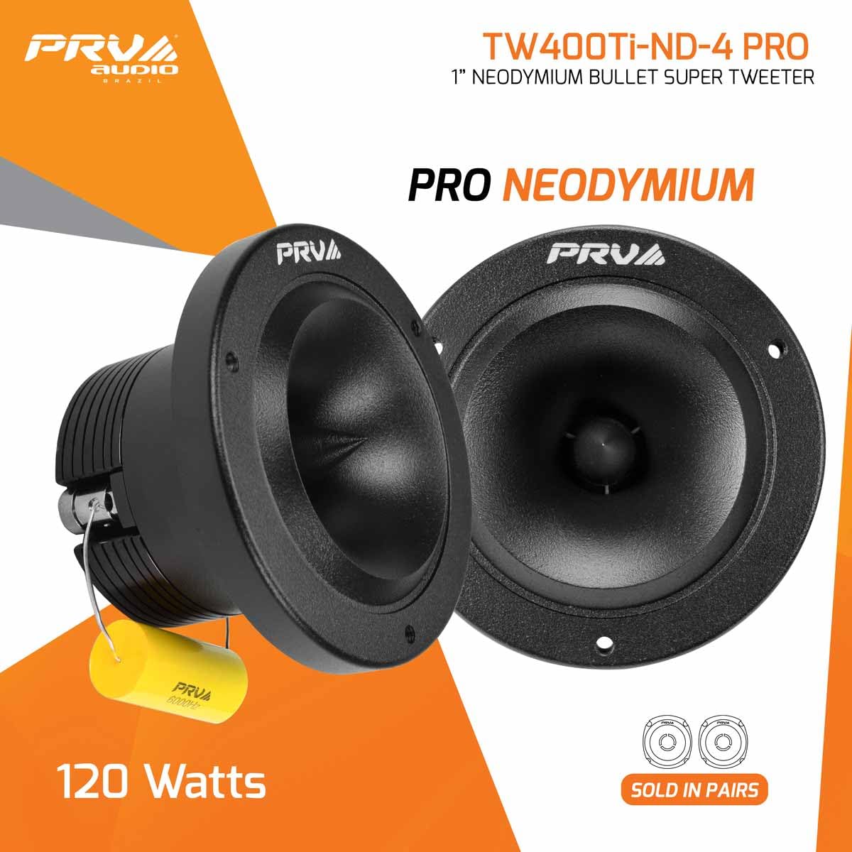PRV AUDIO Bullet Super Tweeters Neodymium 240 Watts RMS 4 Ohm, 3.50 Inch PRV Black TW400Ti-Nd-4 PRO, Easy to Mount - High Output (2 Tweeters, Pair)