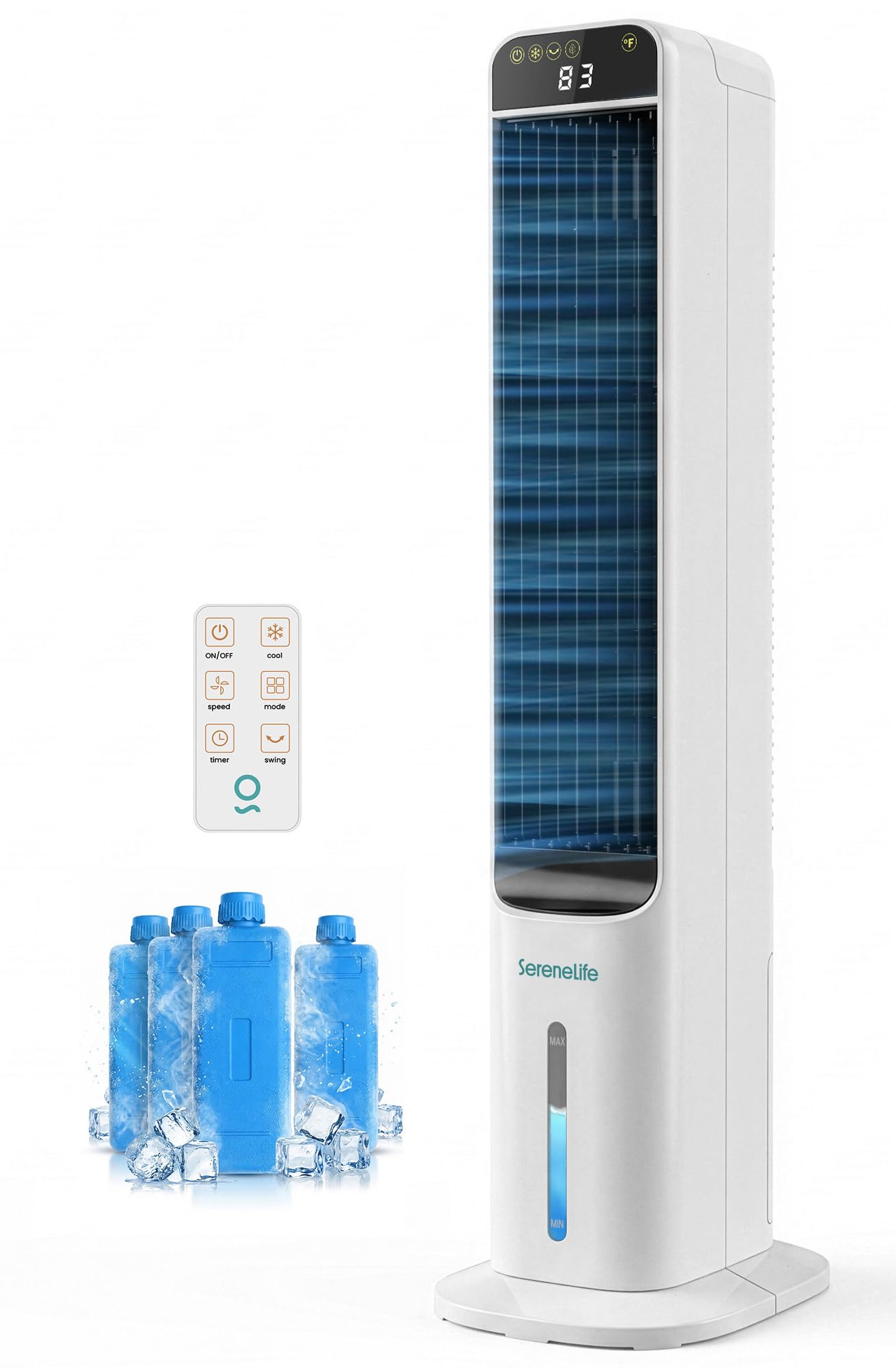 SereneLife Evaporative Air Cooler Tower with Remote, 5L Tank, 4 Ice Boxes, 3 Speeds, Quiet Standing Cooler with Oscillation for Home, Office or