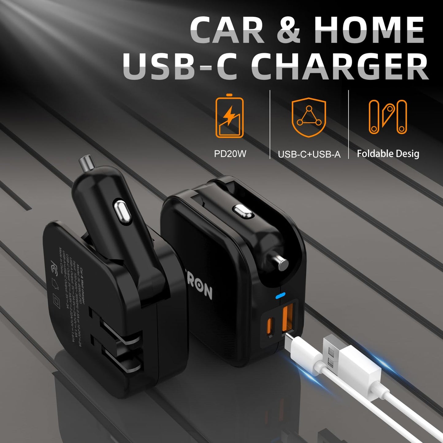 TRON Wall & Car Charger Travel Charging Station, 36W Dual USB-C & USB-A Fast Charger, Foldable for iPhone, iPad, Android, Earbuds - TR17