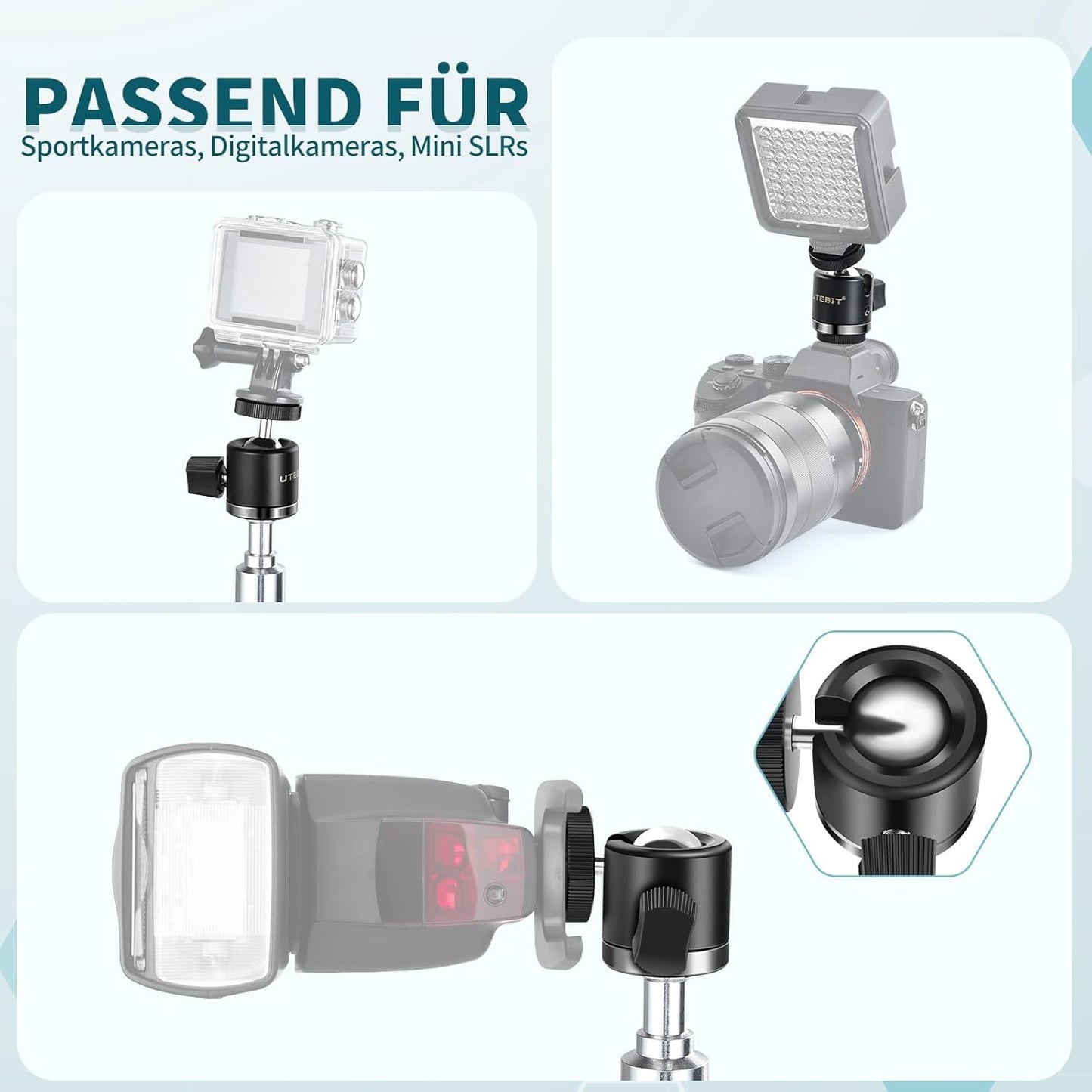 UTEBIT Mini Ball Head, Tripod Head with 1/4" hot Shoe, 360° Rotatable Ball Heads Camera Mount Adapter, Aluminium 20mm Ballhead Compatible