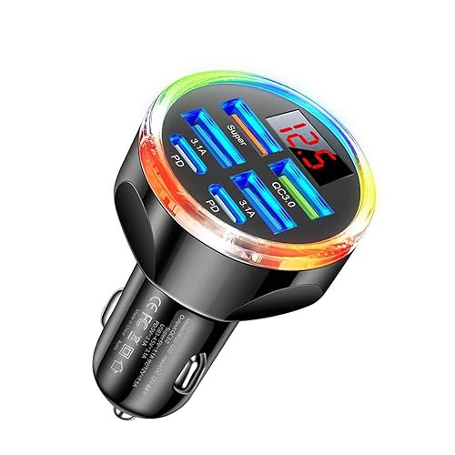 Super Fast Charge USB C Car Phone Charger Adapter 6 in 1 with Voltage Display, 250W Multi Port Cigarette Lighter USB Charge for iPhone 17 16 15 14 13
