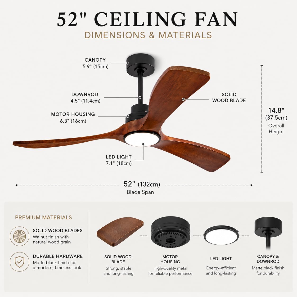 JC Sunjoy Ceiling Fan with Lights, 52 Inch Solid Wood 3 Blade Fan with Remote, Dimmable 3 CCT LED, Timer, 6 Speed Reversible DC Motor for Bedroom