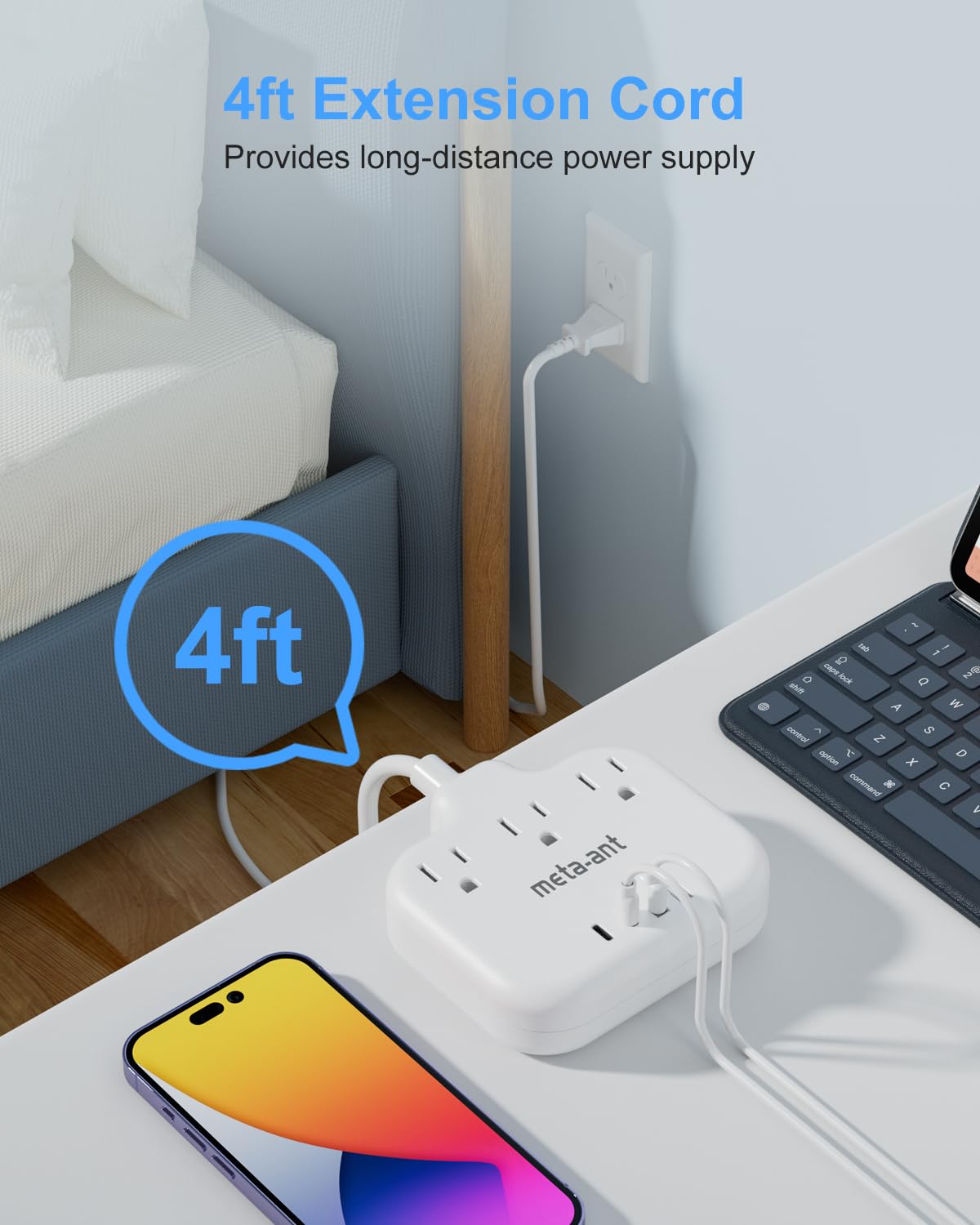 2 Prong Power Strip with USB C, meta-ant 2 Prong to 3 Prong Outlet Adapter, Two Prong Power Strip with 3 Outlets & 4 USB(2 USB-C), 4ft Extension Cord