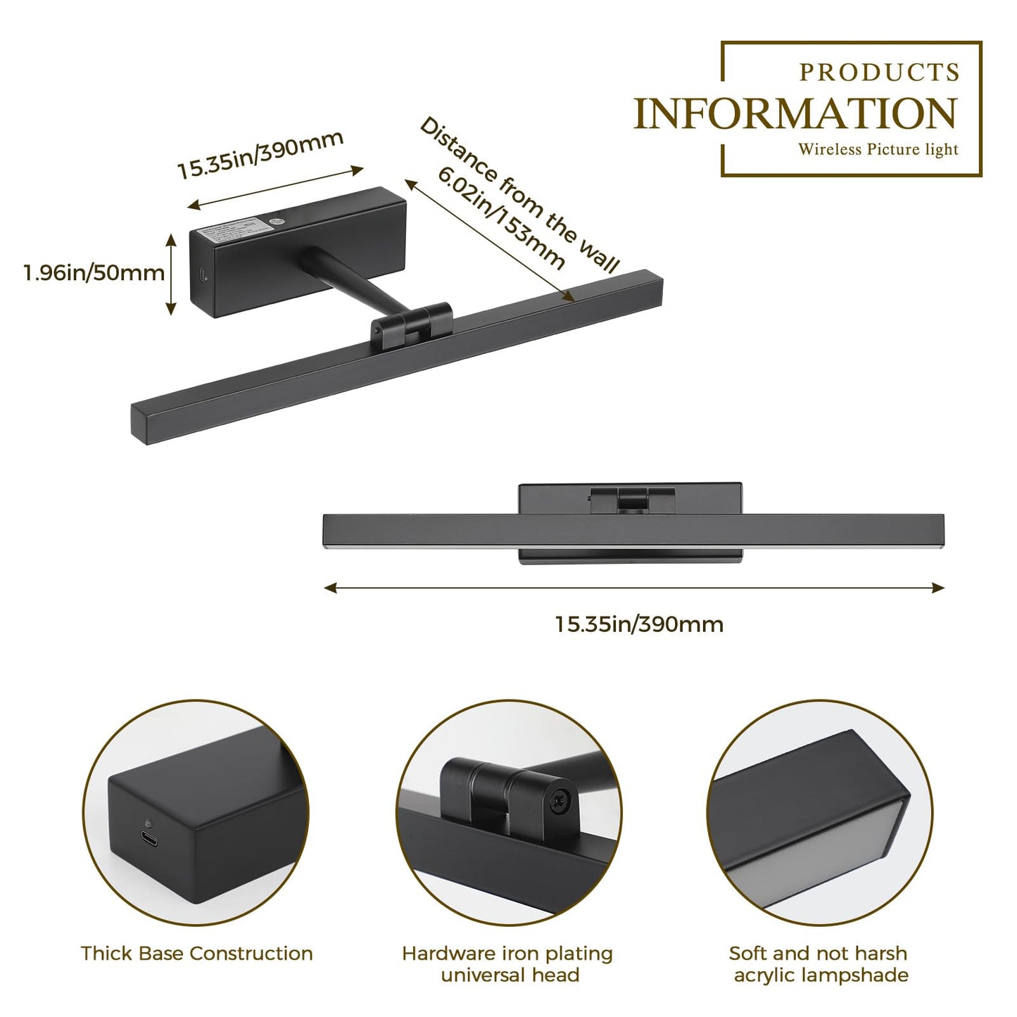 Joosenhouse Battery Operated Picture Light, Rechargeable Wireless Gallery Light with Remote Control, Dimmable & Timer Function, 15.35" Black Wall