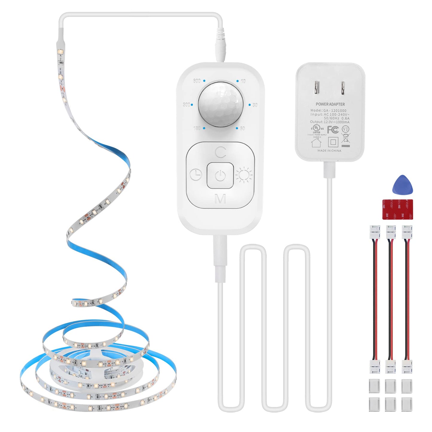 Motion Sensor Under Cabinet Lights - Plug-in LED Strip Lights Indoor with Power Adapter, Dimmer and Timer for Kitchen Cabinet, Counter, Shelf