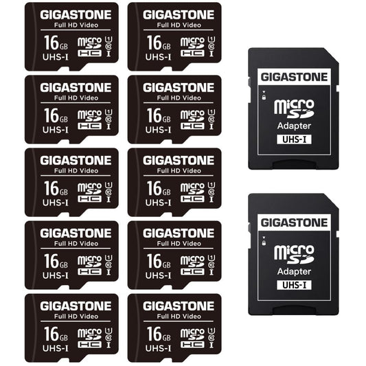 GIGASTONE 16GB Micro SD Card 10-Pack, FHD Video, Surveillance Security Cam Action Camera Drone, 85MB/s Micro SDHC UHS-I U1 Class 10, with Adapters