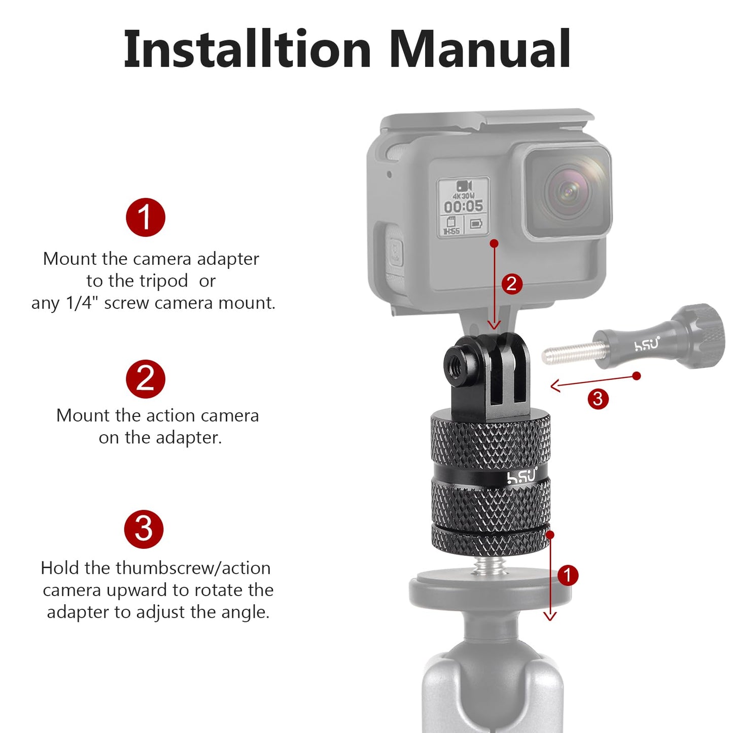 HSU Aluminum 1/4 inch 20 Camera Mount, 360 Degree Rotation Tripod Adapter Fits GoPro Hero, DJI Osmo Action Camera Insta360 Ace Pro AKASO Campark