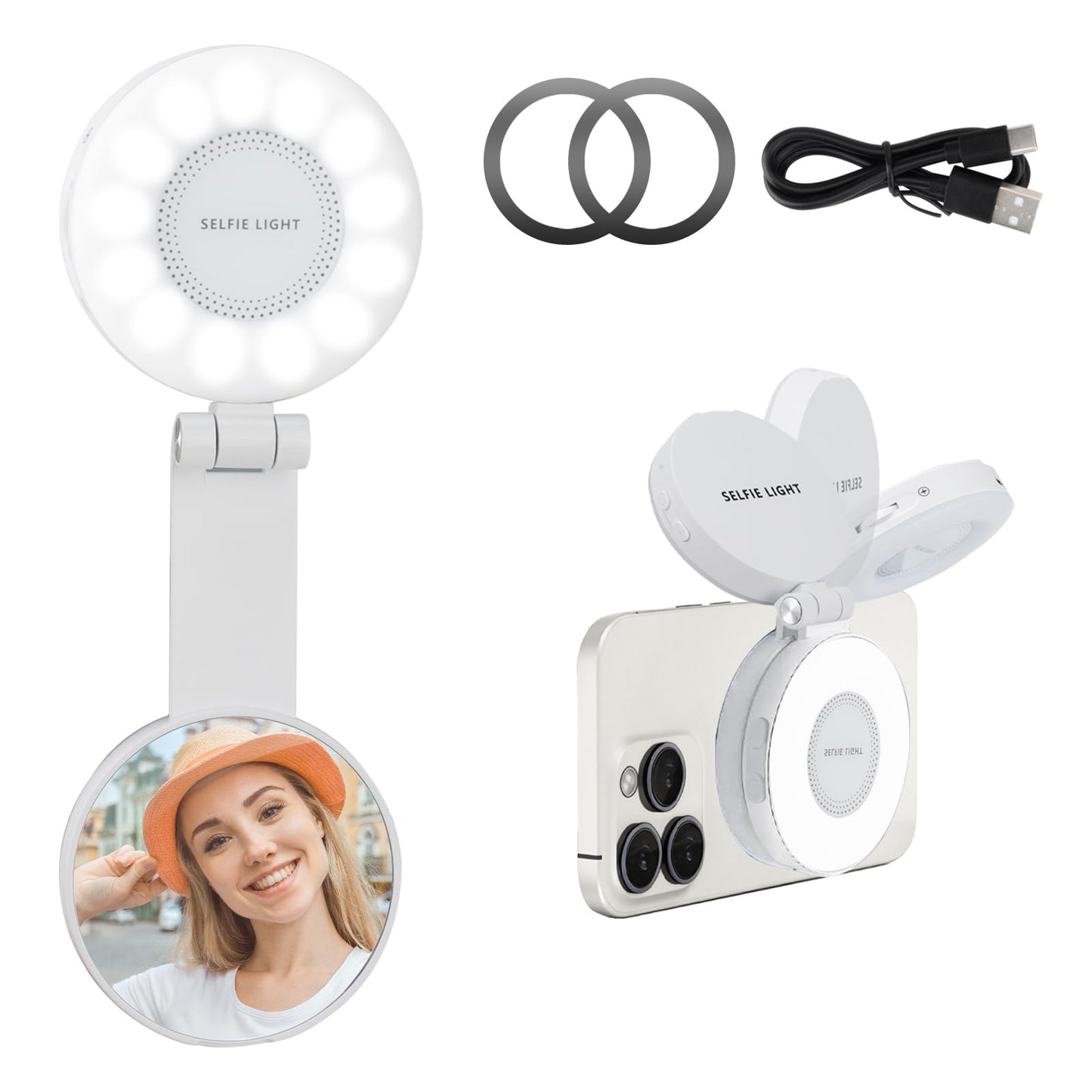 Magnetic Selfie Light for iPhone with Mirror Foldable Magnetic Fill Light with Sticky Ring for Android Rechargeable Portable Phone Ring Lights