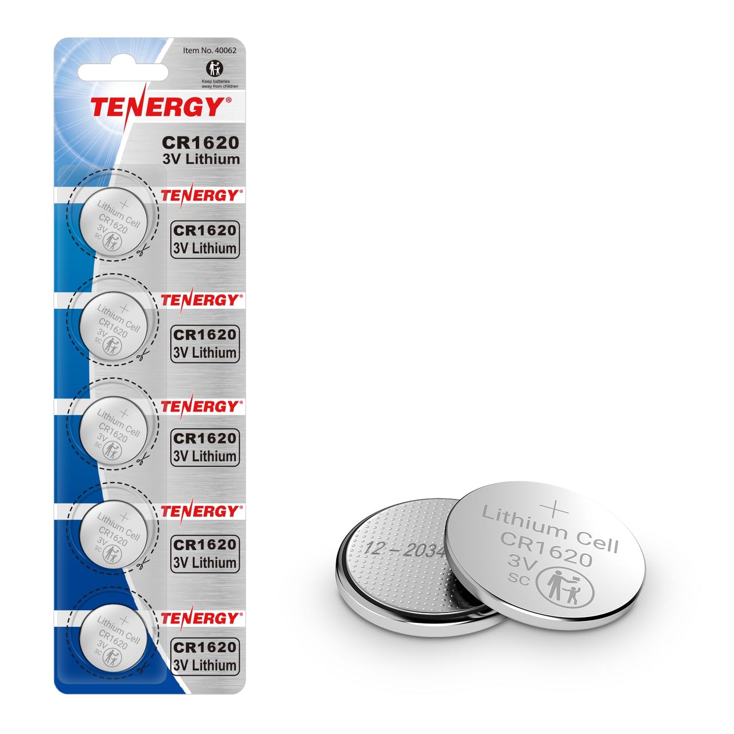 Tenergy CR1620 3V Lithium Button Cell Battery, for Car Keys, Watches, Calculators, Remote Controls, 5 Count